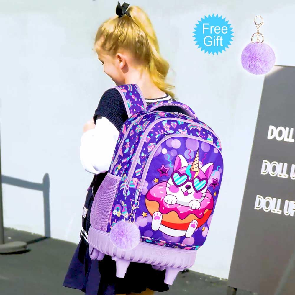 AGSDON 3PCS Rolling Backpack for Girls, 20" Kids Roller Wheels Bookbag, Wheeled School Bag with Lunch Bag - Cat Purple