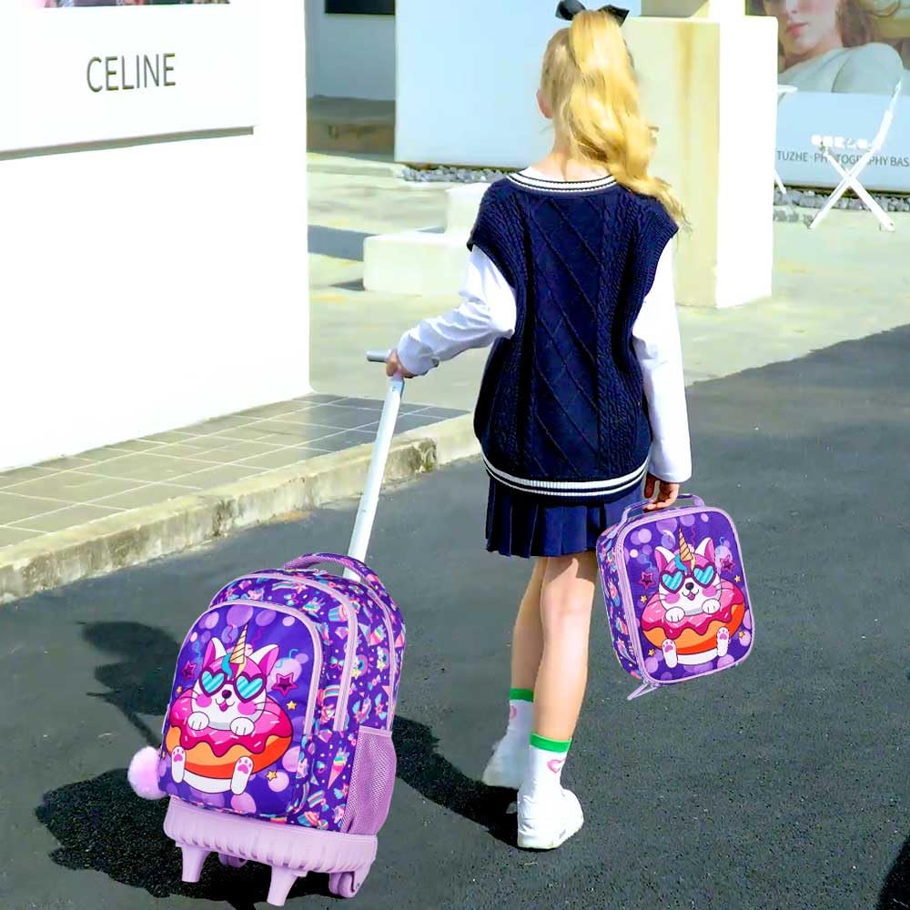 AGSDON 3PCS Rolling Backpack for Girls, 20" Kids Roller Wheels Bookbag, Wheeled School Bag with Lunch Bag - Cat Purple