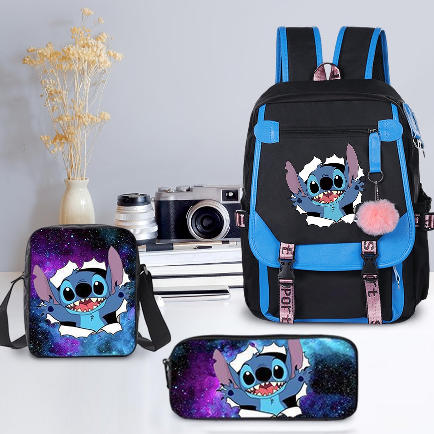 3pcs Kids Stitch Backpack USB Port School Bag with Lunch Bag Pencil Case 18" Backpack Capacity Boys Girls Students 2-7 Age (Blue)