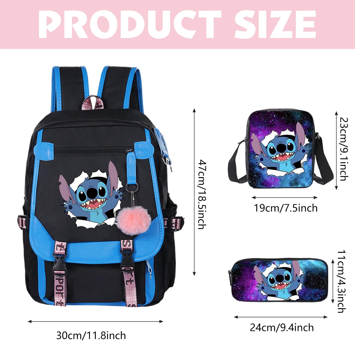 3pcs Kids Stitch Backpack USB Port School Bag with Lunch Bag Pencil Case 18" Backpack Capacity Boys Girls Students 2-7 Age (Blue)