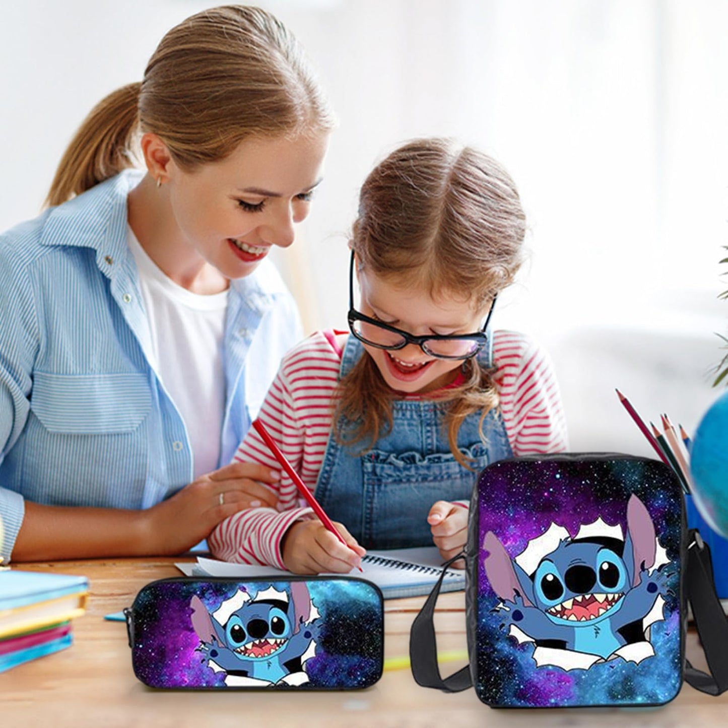 3pcs Kids Stitch Backpack USB Port School Bag with Lunch Bag Pencil Case 18" Backpack Capacity Boys Girls Students 2-7 Age (Blue)