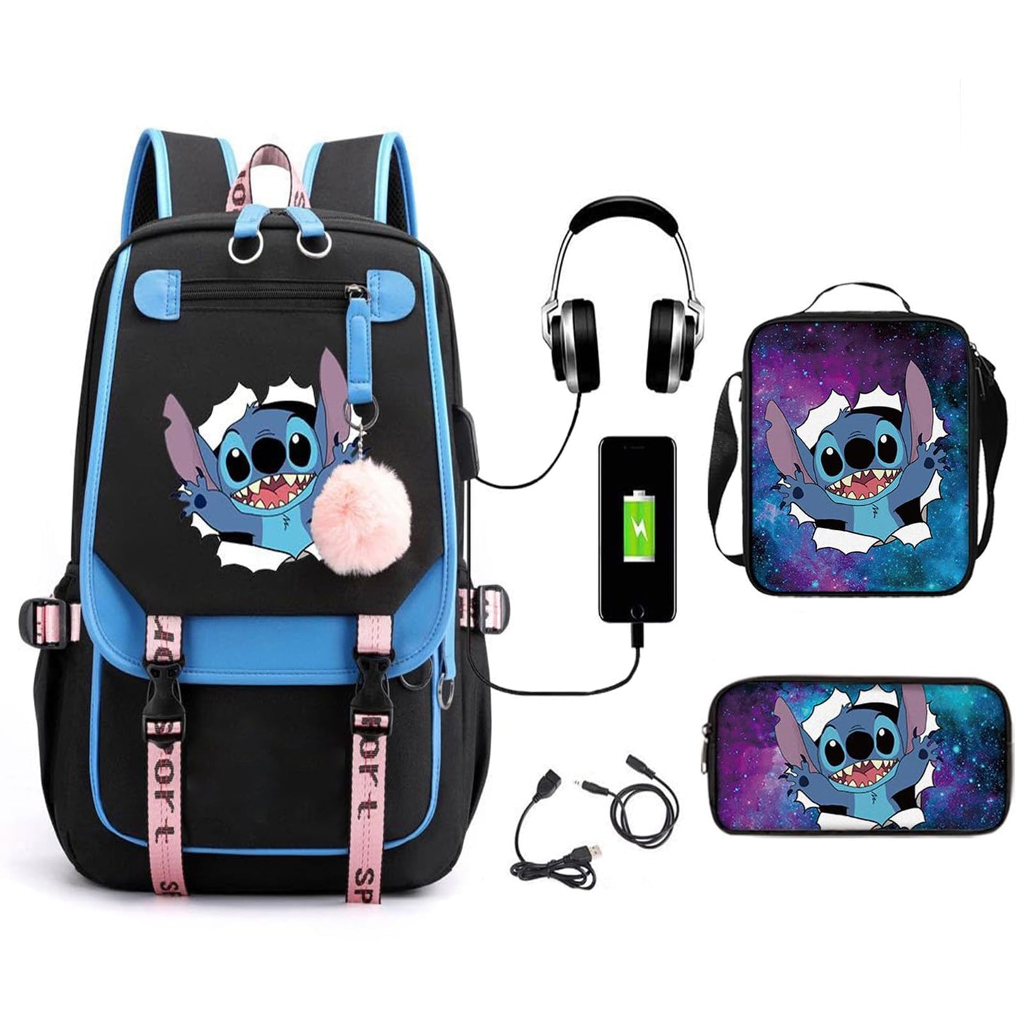 3pcs Kids Stitch Backpack USB Port School Bag with Lunch Bag Pencil Case 18" Backpack Capacity Boys Girls Students 2-7 Age (Blue)