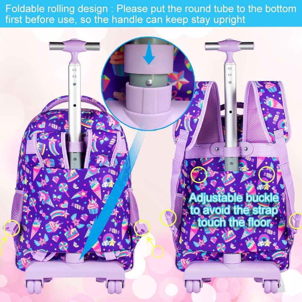 AGSDON 3PCS Rolling Backpack for Girls, 20" Kids Roller Wheels Bookbag, Wheeled School Bag with Lunch Bag - Cat Purple