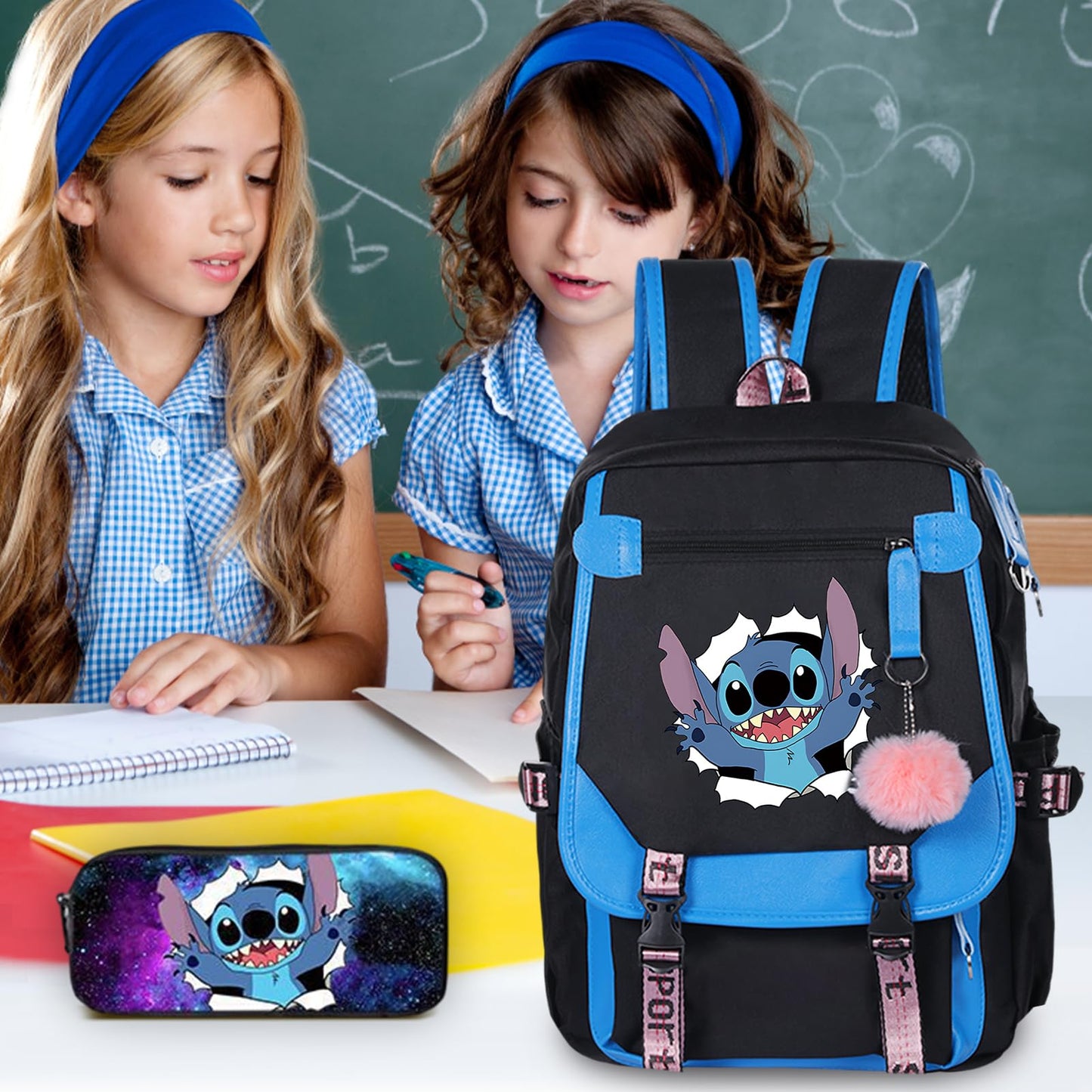 3pcs Kids Stitch Backpack USB Port School Bag with Lunch Bag Pencil Case 18" Backpack Capacity Boys Girls Students 2-7 Age (Blue)