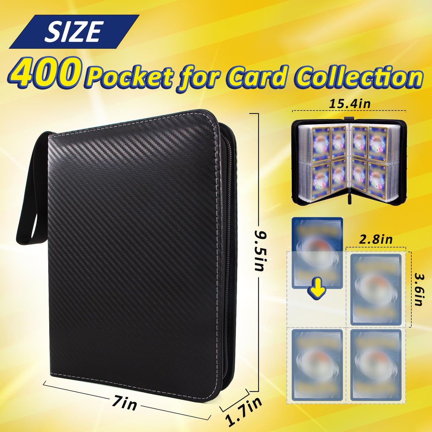 400 Pocket Card Binder Collect Holder,Trading Card Binder With 50 Removable Page Card Sleeves,Card Collector Album with Zipper Carrying Case for Boys and Girls (Black)