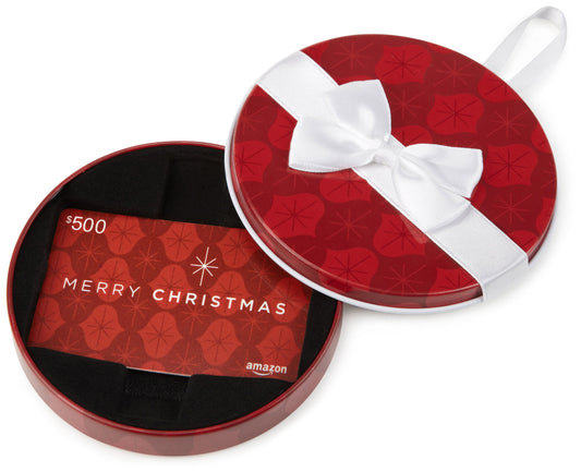 Amazon.ca $500 Gift Card in a Red Ornament Tin (Merry Christmas Card Design)