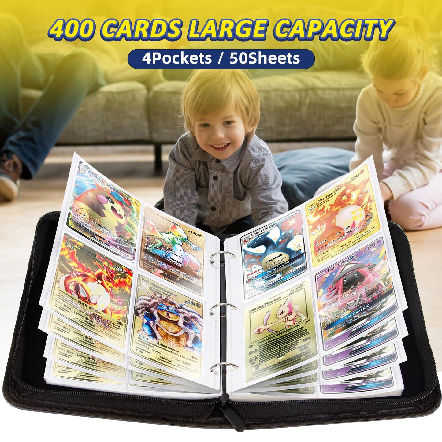 400 Pocket Card Binder Collect Holder,Trading Card Binder With 50 Removable Page Card Sleeves,Card Collector Album with Zipper Carrying Case for Boys and Girls (Black)