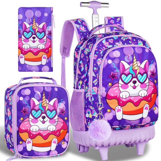 AGSDON 3PCS Rolling Backpack for Girls, 20" Kids Roller Wheels Bookbag, Wheeled School Bag with Lunch Bag - Cat Purple